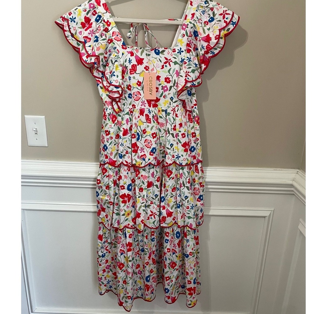 Crosby by Mollie Burch Frida Tiered Floral Midi Dress Scallop Trim Size S Cotton